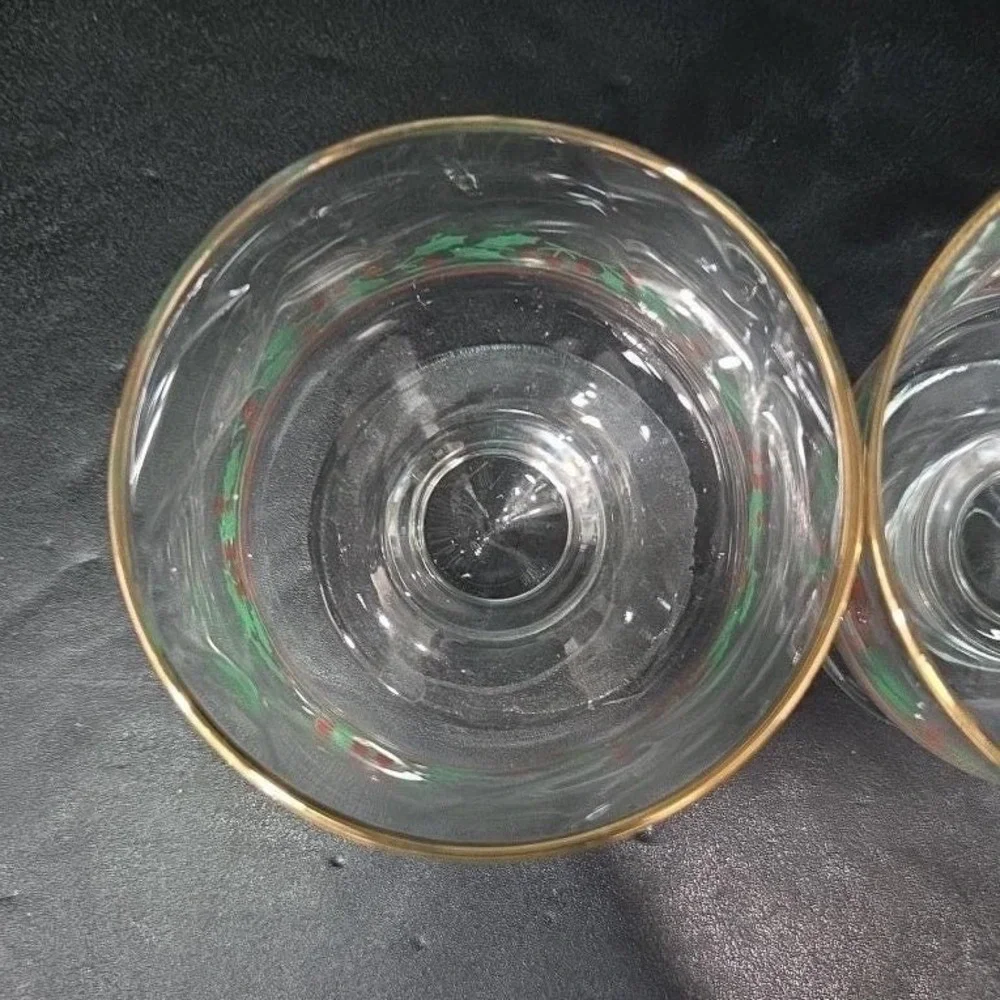 Libbey Christmas‎ Dessert Glasses, Set of 2, Vintage Holly & Berries Design
